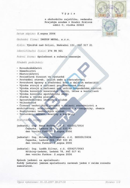 Osvědčení o registraci (DIČ) 